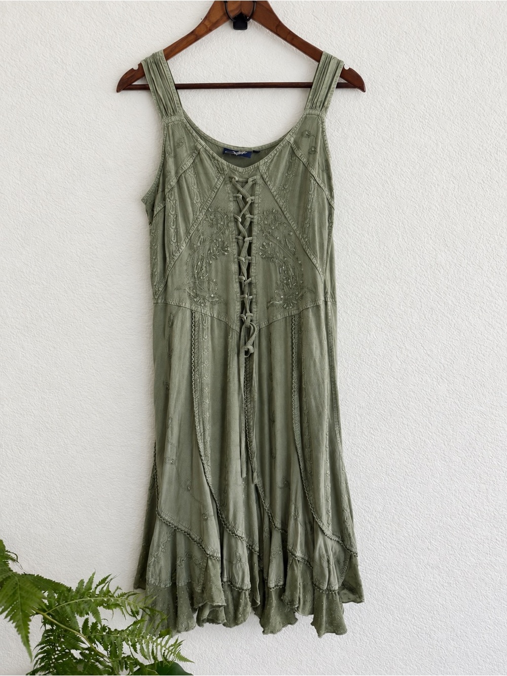 Coline Sage Green Embroidered Lace-Up Midi Dress Boho Festival